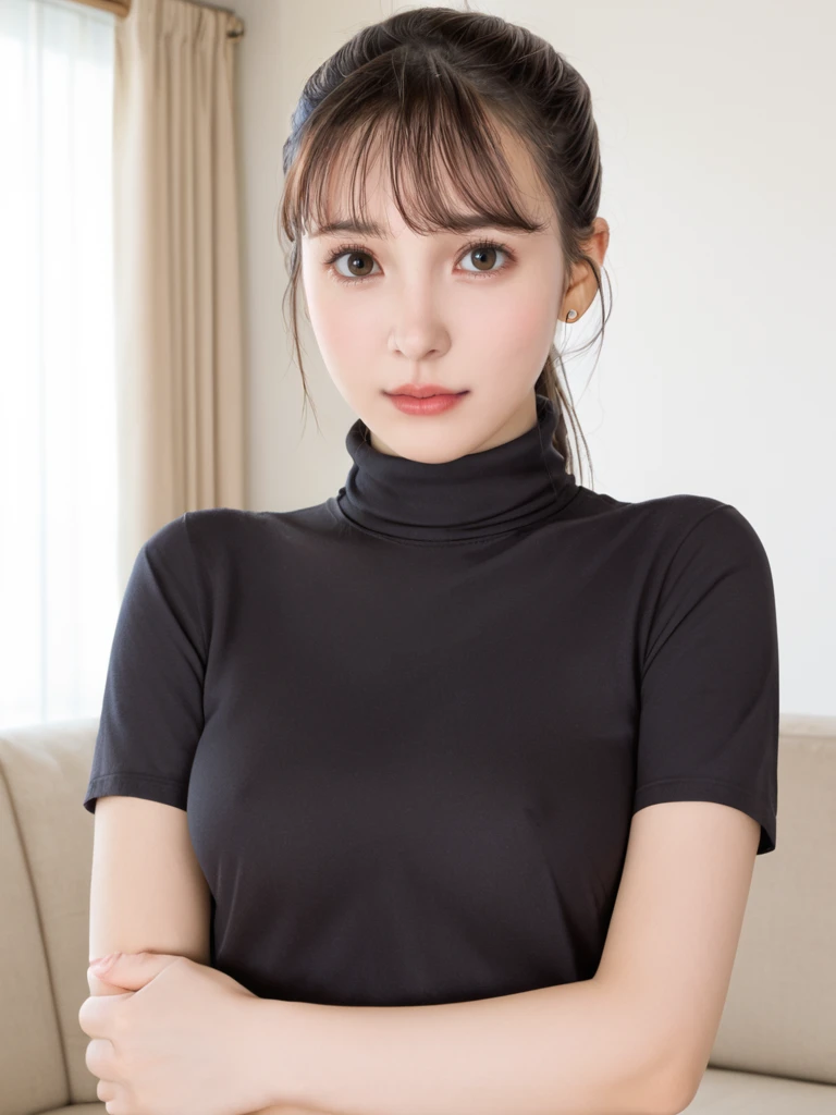 uncensored,source_real,1lady,upper body, <lora:Yua_r2:0.8>Yua Mikami,background on living room,high neck shirt,tv, sofa,