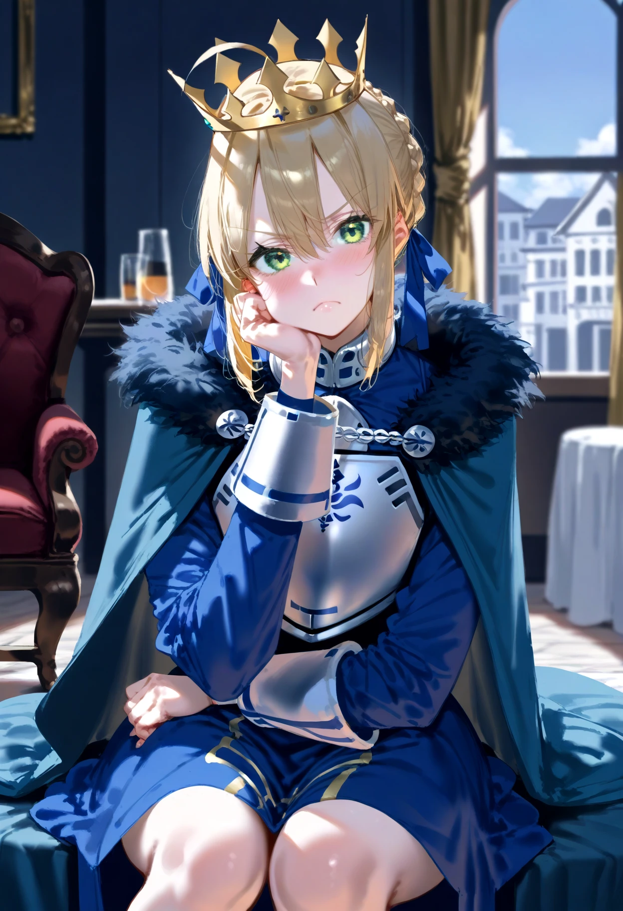score_9, score_8_up, score_7_up, artoria pendragon \(fate\), saber, 1girl, solo, looking at viewer, blush, bangs, blonde hair, long sleeves, dress, ribbon, hair between eyes, sitting, closed mouth, green eyes, hair ribbon, braid, ahoge, sidelocks, indoors, hair bun, cape, armor, blurry, v-shaped eyebrows, head tilt, fur trim, window, depth of field, blurry background, blue dress, frown, chair, crown, blue ribbon, head rest, breastplate, armored dress, blue cape, fur-trimmed cape, throne