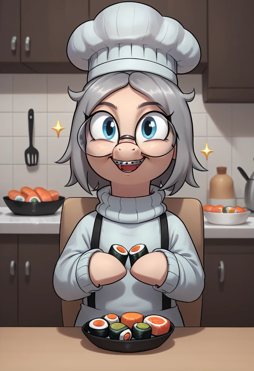 score_9, score_8_up, score_8,     <lora:Taku_MLP_OC_for_PonyXL:0.7> 1girl, glasses, t4ku, mare, blue eyes, braces, round eyewear, grey hair, turtleneck, solo, indoors, kitchen, chef hat, sushi, proud, sparkles