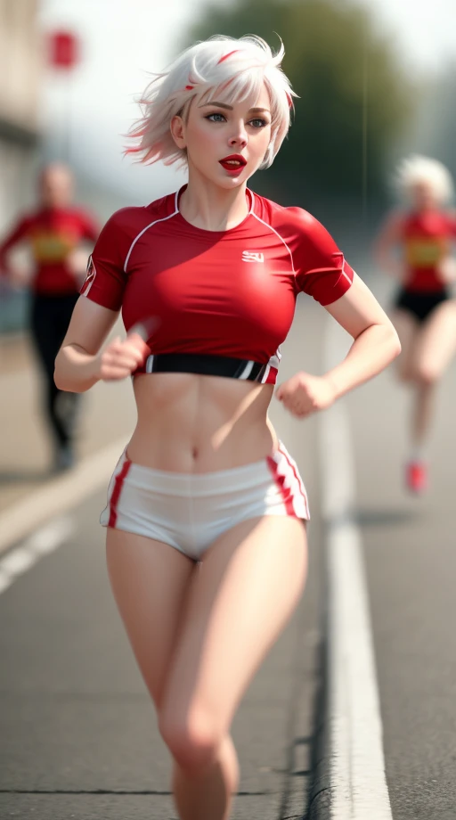 sks human RAW photo, Bright red lipstick, short white hair, hazel eyes, beautiful complexion, extreme sharp focus on female subject, motion blur, motion lines, Female running, emphasis on motion,