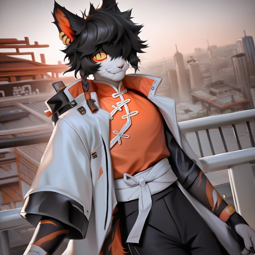 score_9, ((realistic, extremely detailed)), masterpiece, soft lighting, scifi, city, solo furry anthro male (cat) aakarknights, whiskers, black hair, bangs, hair over one eye, earrings, orange single braid, yellow sclera, slit pupils, black pants, white coat, white sash. chinese clothes, orange vest, looking at viewer, smiling<lora:EMS-405490-EMS:0.800000>