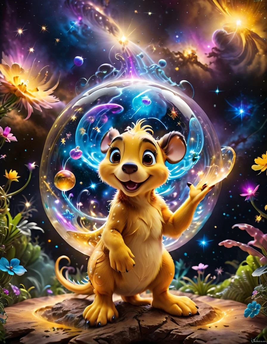 (whimsical art by Classic Disney:0.9) , character art, jed-cosmos, Dumb fauna in background, Smoky Conditions, ultrafine detailed, deep yellow splash, F/2.8, High Contrast, <lora:Jed-Cosmos-sdxl:0.77>, complex, ambient light, complimentary colors, highly decorated, epic