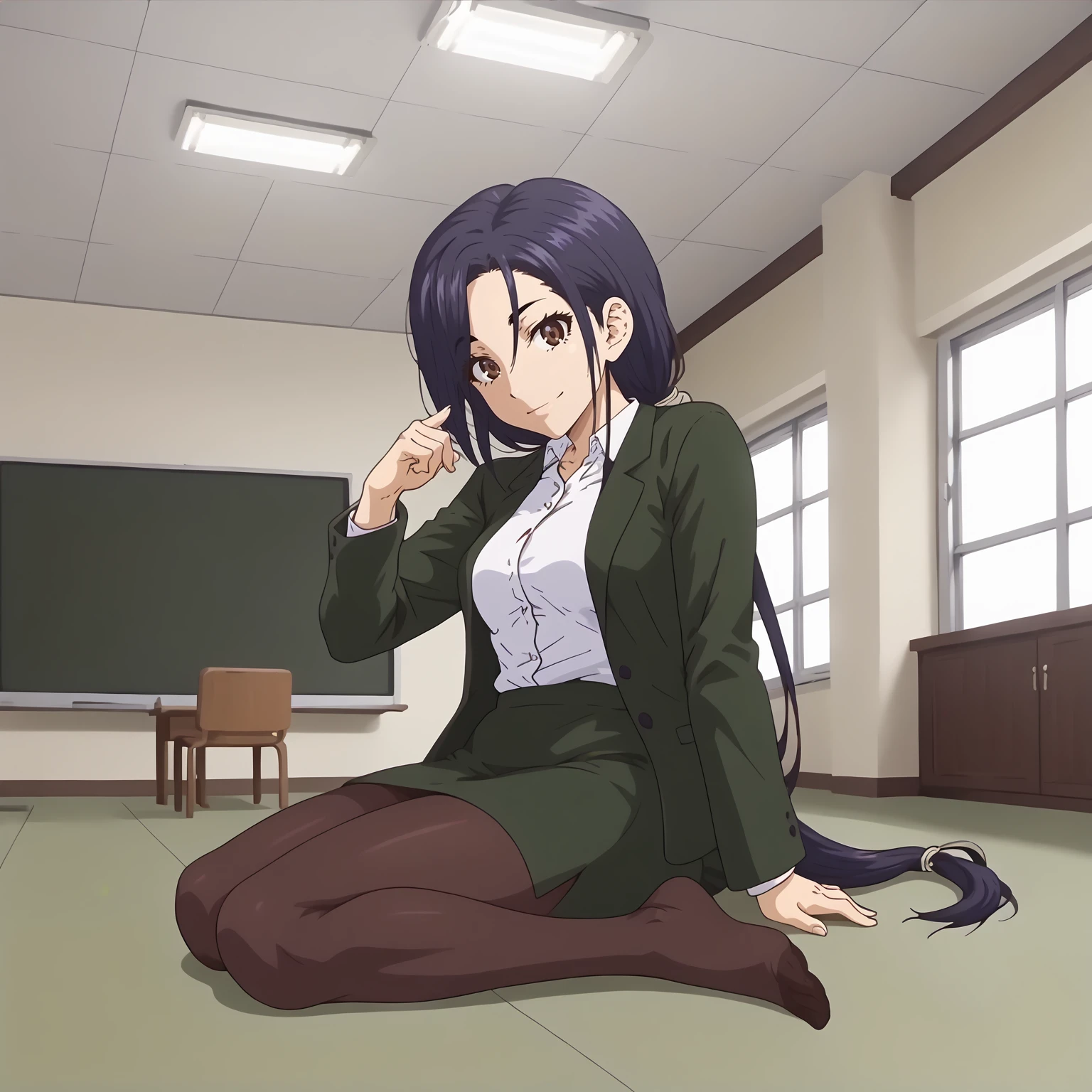 <lora:RingoMashiroXLpony001>,
looking at viewer,smile,
solo,
RingoMashiro,1girl,purple black hair,long hair,low ponytail,brown,
business_suit,green jacket,white shirt,
green skirt,
black_pantyhose,
indoors,
full body,sitting,