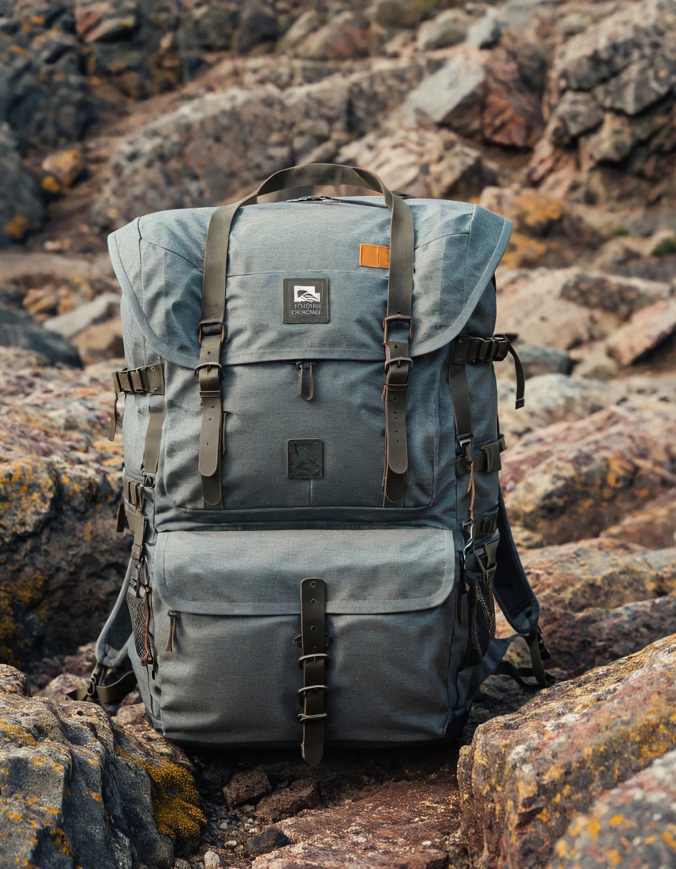 close-up shot of a grey backpack, placed on a rocky terrain, outdoor adventure backdrop