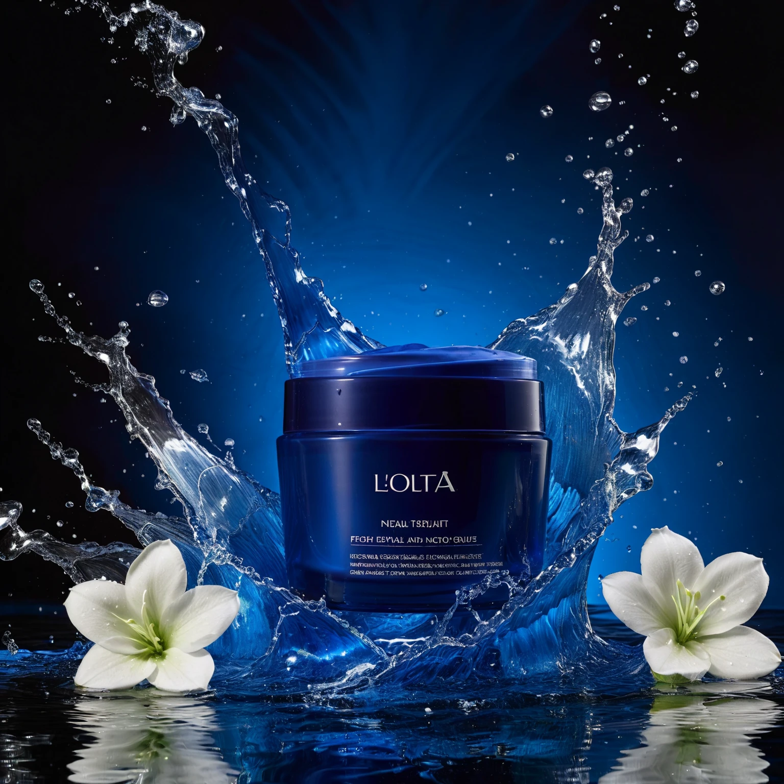 product photo of a night creme, floral and blue water splashes, deep blue tones