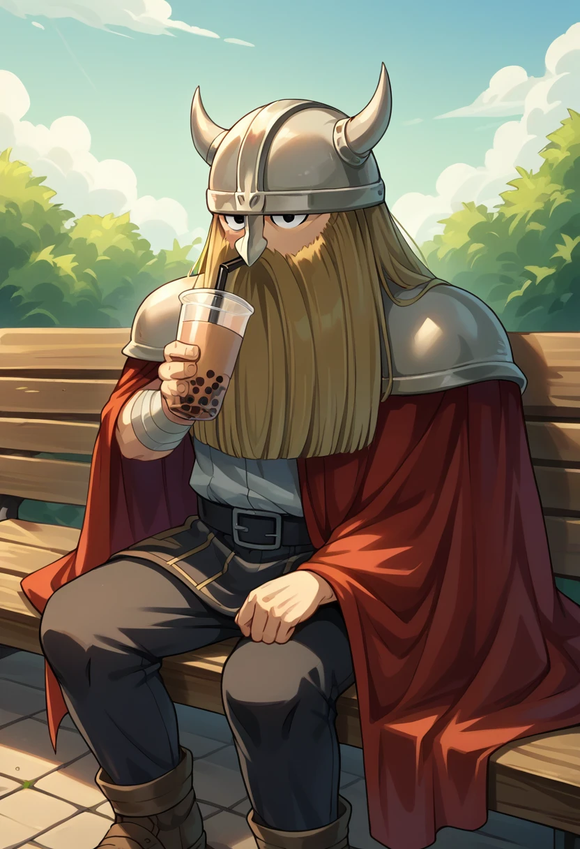 score_9, score_8_up, source_anime, 1boy, solo, EisenFrieren, dwarf, long hair, long beard, horned helmet, shoulder armor, red cape, outdoors, sitting, on bench, drinking, sipping, straw, bubble tea, <lora:ChamEisenPonyXL:1>