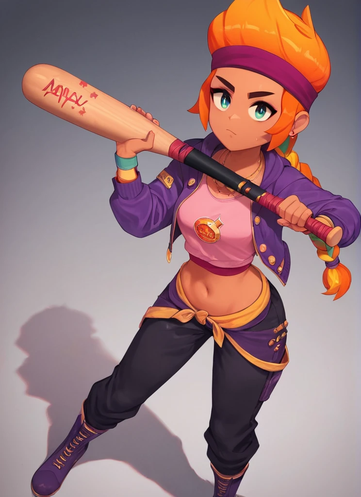 score_9, score_8_up, score_7_up,  1 girl  , bsamber ,dark-skinned female,  , orange hair ,hairband  ,braid, ,looking at viewer,   <lora:bsamber:1>  ,purple jacket, pink shirt,, navel , long sleeves, Holding a metal bat ,black pants , boots ,baseball bat,