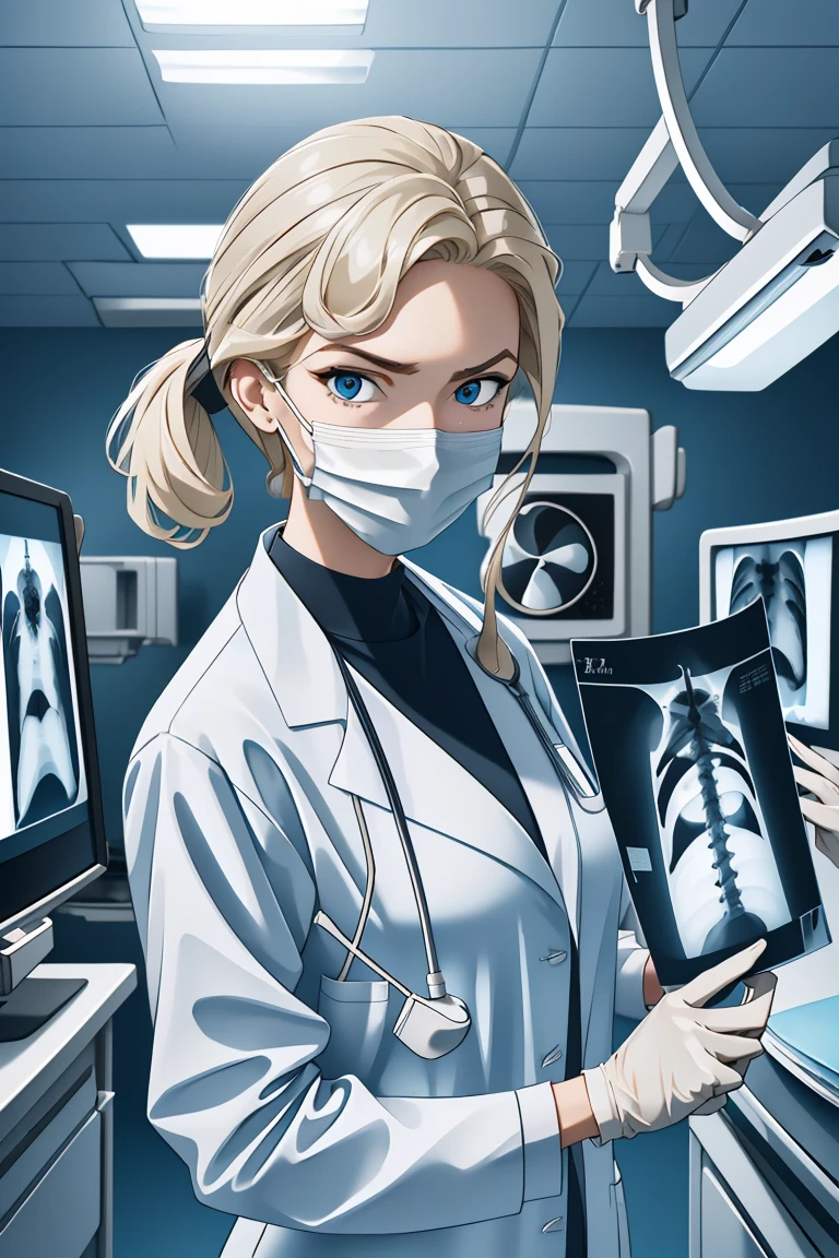 (RAW photo, best quality,facing the viewer,from front), operating room, overhead surgical light,blurred background, focused, dithering,backlighting,
 <lora:CM_Doctor_Checking_Xray_V2.0-000004:0.9> doctor xray, 1girl, solo, surgical mask, doctor, looking at viewer, labcoat,xray,
 <lora:helga:0.8> helga 1girl,1girl,solo, blonde hair, makeup, blue eyes,