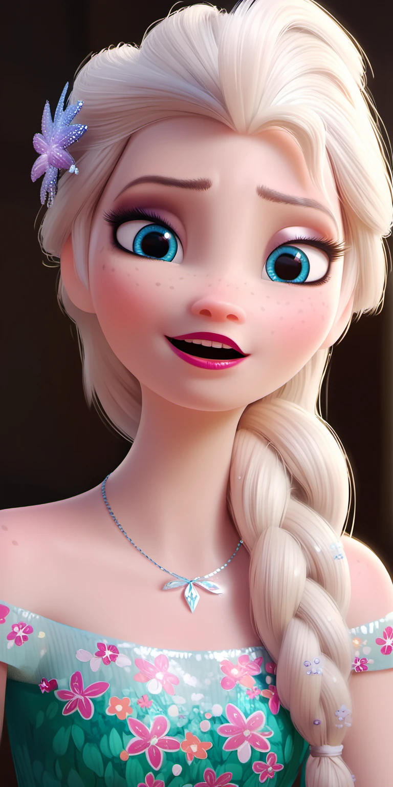 score_9, score_8_up, score_7_up, waist up view:1.3, 1girl, elsa \(frozen\), solo, necklace, jewelry, freckles, bare shoulders, open mouth, upper body, Braid on right shoulder, portrait, civitai elsa, blue eyes, Elsa's Floral Dress, outfit 3, elsa's outfit-3, elsa's outfit-3 \(outfit\),  two noticeable front teethï¼view from font
,(((waist-up view))),<lora:Elsa_Ultimate_Version_1_9_outfits-c-000008:0.72>