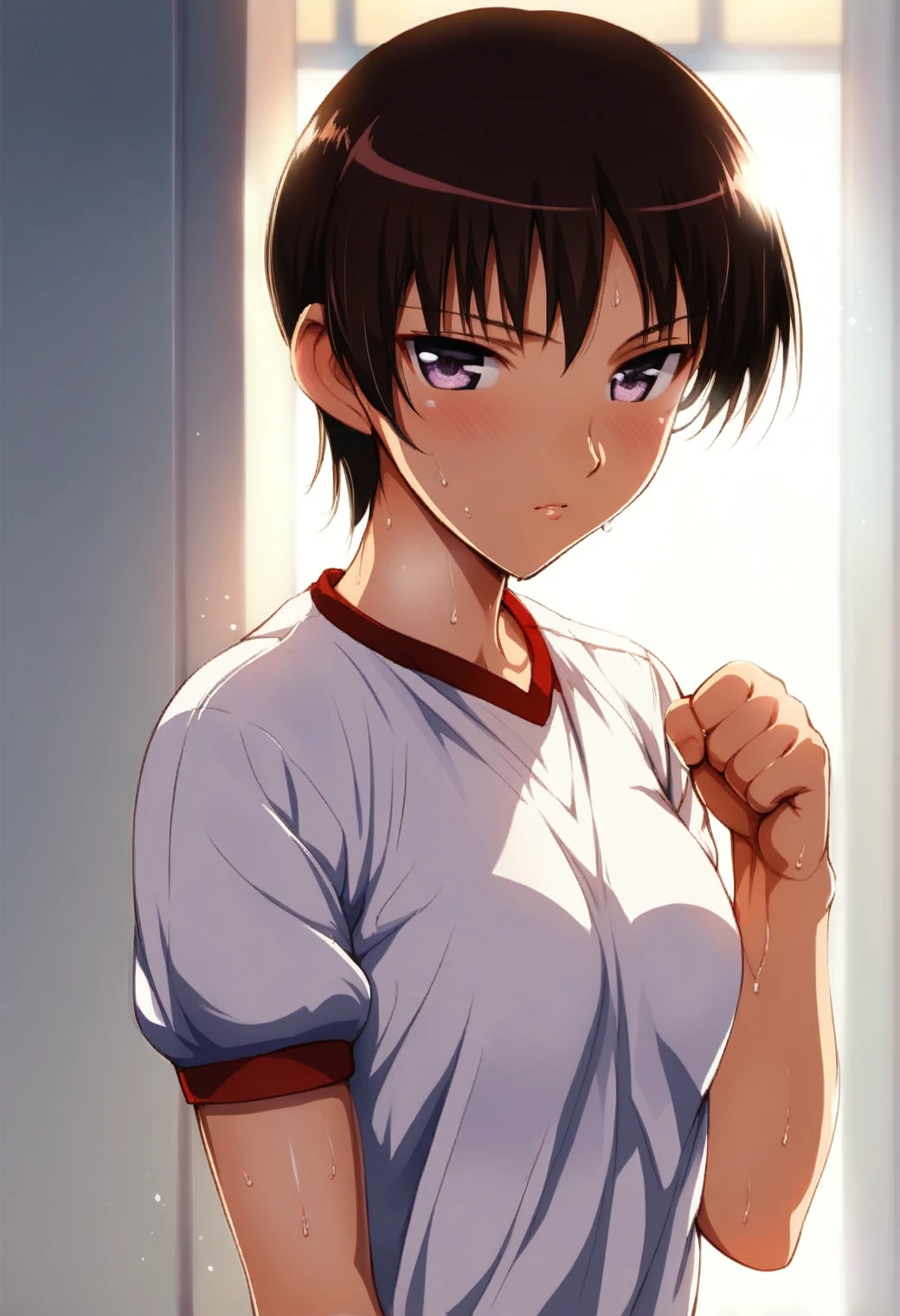 <lora:takano_akira_ponyxl_v2:0.8>, takira, short hair, dark red hair, brown hair, purple eyes, solo,
gym uniform, red shorts, white shirt, gym, sweat, standing, clenched hands,
backlighting, score_9, score_8_up, score_7_up, score_6_up, anime coloring, (m-da s-tarou, asou \(asabu202\):0.5), high quality, detailed, beautiful, shiny, outstanding, countershading, detailed soft lighting, uncensored