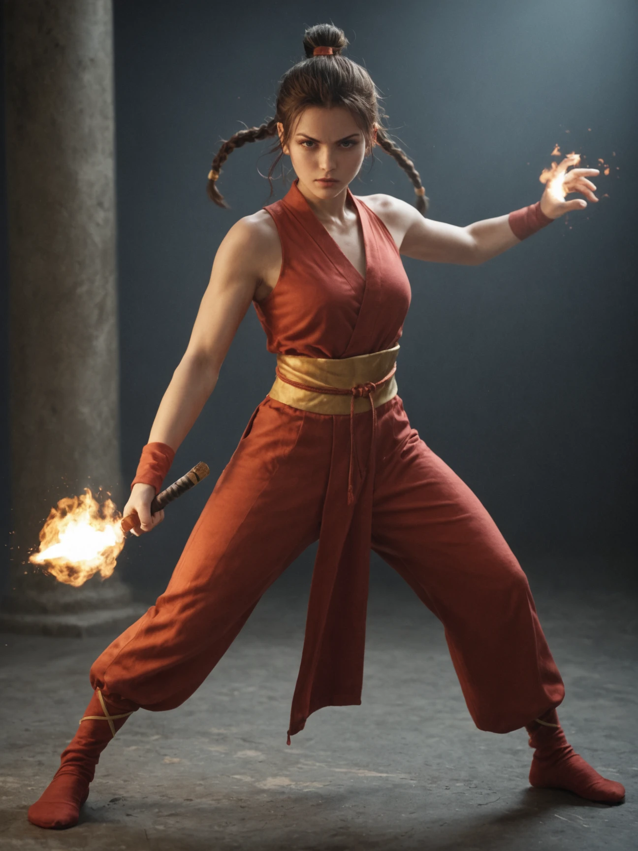 1girl, Fire bender, sexy outfit, flames, sparks, dynamic, powerful, elemental, magic, intense, gaze, martial arts stance, energetic, mystical, sparks, swirling, orange, red, fierce, background, realistic, score_9, score_8_up, score_7_up, score_6_up