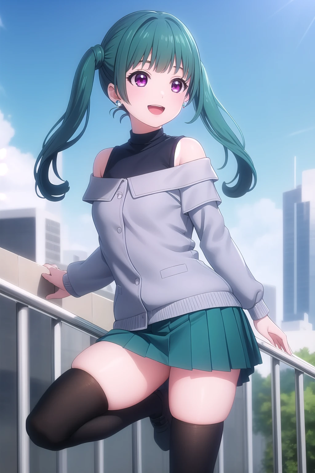 (masterpiece, best quality), highly detailed background, perfect lightingbest quality, mizusawaayaka, solo, outdoors, city, aqua hair, blunt bangs, twintails, long hair, sidelocks, purple eyes, earrings, small breasts, grey jacket, off-shoulder jacket, puffy long sleeves, turtleneck sweater, black sweater, bare shoulders, black belt, aqua skirt, pleated skirt, black thighhighs, smile, open mouth, :d, <lora:Mizusawa-Ayaka:0.7>