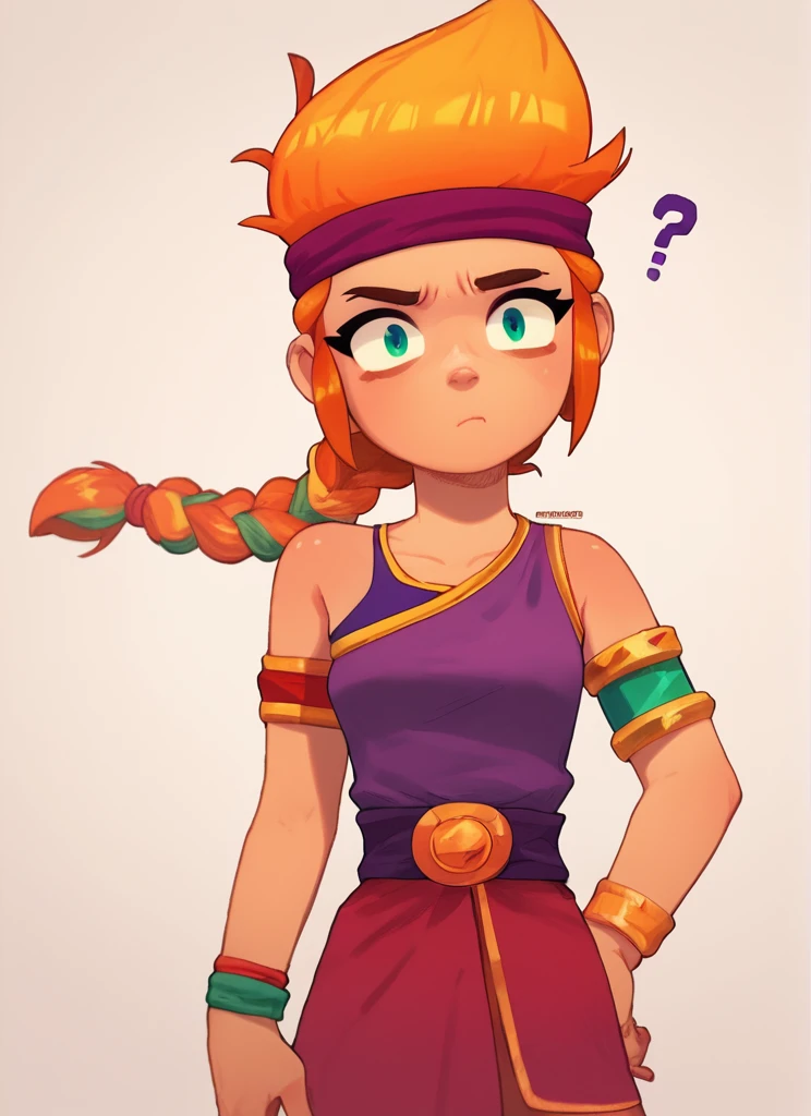 score_9, score_8_up, score_7_up, <lora:bsamber:1>  1 girl  , bsamber , orange hair ,hairband , braid, purple top ,belt ,  red skirt , armlet, bracelet,  <lora:PossumMachine:1>posmach  ,confused, looking at viewer,