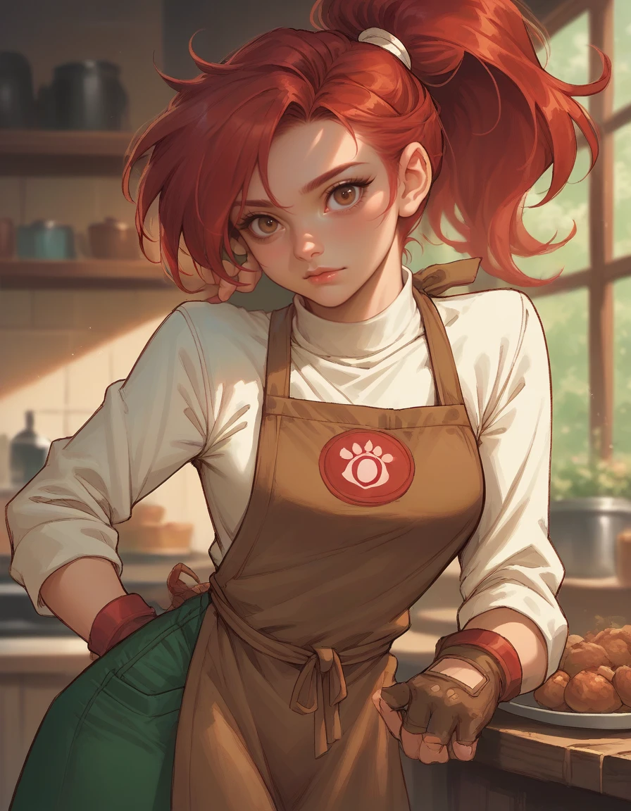 score_9, score_8_up, score_7_up, <lora:Aria_-_Adventure_Quest:0.6> aia_aria_aq, red hair, ponytail, brown apron, fingerless gloves, green skirt, long sleeves, brown eyes, white top, solo, looking at looking at viewer,