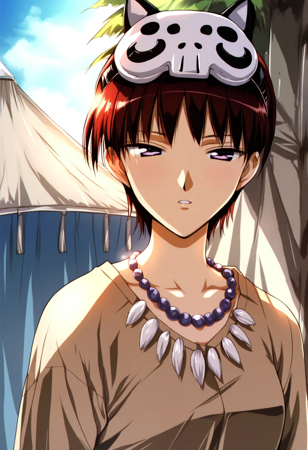 <lora:takano_akira_ponyxl_v2:0.9>, takira, short hair, dark red hair, brown hair, purple eyes, half-closed eyes, solo, looking at viewer,
stone age clothes, brown coat, mask on head, tooth necklace,
outdoors, tent, blue sky, cloudy sky, blurry background,
backlighting, score_9, score_8_up, score_7_up, score_6_up, anime coloring, uncensored, <lora:UrushiharaSatoshi_XL_PONY_V2:0.4>