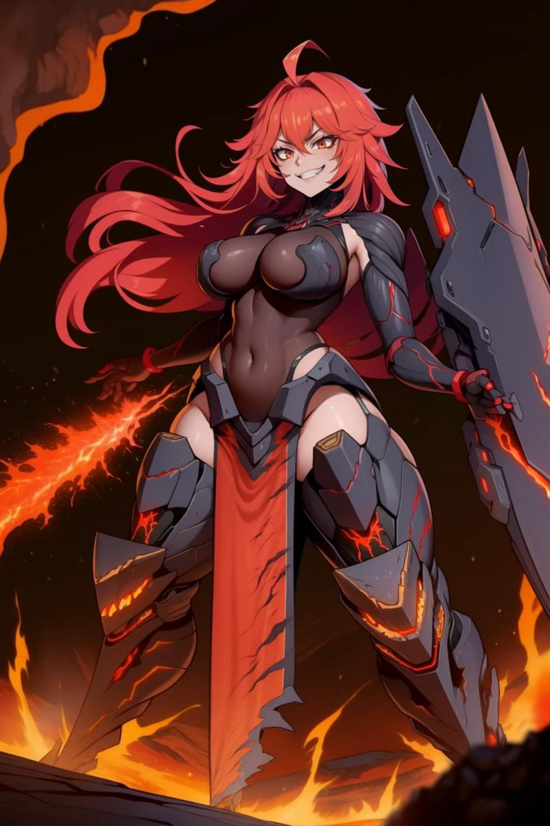 <lora:NIKKE_Nihilister-V2:0.7> nihilister, grin, long hair, ahoge, pelvic curtain, curvy, bodysuit, mecha musume, volcano, lava, sparks, dynamic angle, cinematic