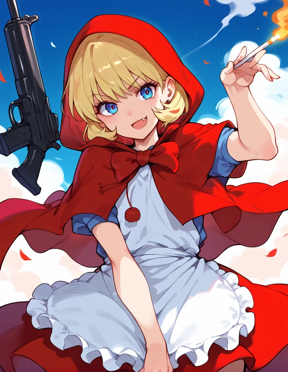 1girl,solo,<lora:bulleta_pony:1>,bulleta,blonde hair,blue eyes,
little red riding hood (grimm) (cosplay),red dress,red hood,red capelet,apron,looking at viewer,fang,weapon,gun,cigarettes,sulking,smoke, score_9,score_8_up,score_7_up,score_6_up,score_5_up,score_4_up,