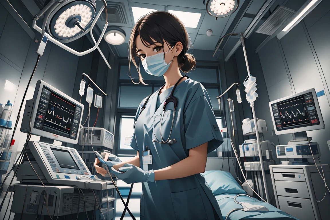 (RAW photo, best quality,facing the viewer,from front), operating room, overhead surgical light,blurred background, focused, dithering,backlighting,
 <lora:CM_Doctor_Emergency_Surgery_V2.0-000004:0.9> doctor emergency exam, 1girl, solo, surgical mask, intravenous drip, hospital bed, stethoscope, ceiling light,