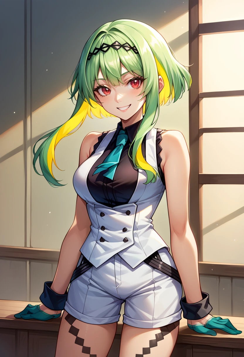 score_9, score_8_up, score_7_up, source_anime BREAK solo, 1girl,  <lora:Ringo-pdxl_Fp:1>, ringosh2, short hair with long locks, green hair, multicolored hair, red eyes, hairband, white vest, white shorts, gloves, necktie, smile, shirt, body markings, sleeveless, collared shirt,