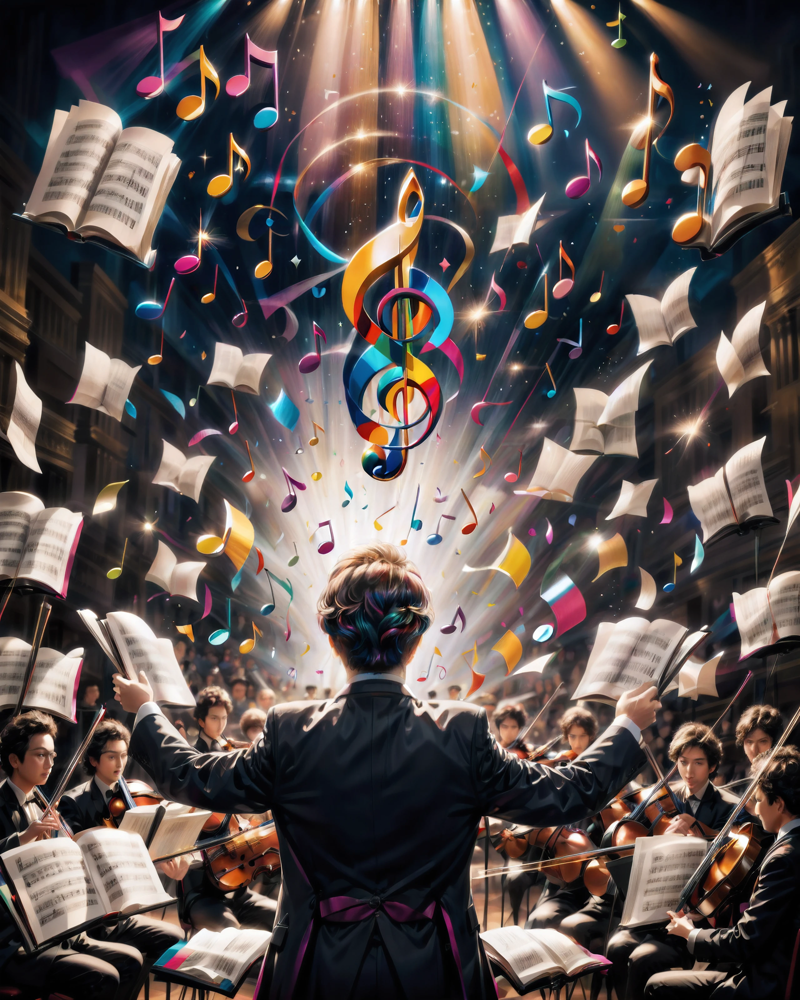 The perfect Cinematic photo of a composer conducting an orchestra with ((colourful music notes coming off the pages, shining and sparkling in the air, music notes floating in the air, flying past their head creating a gush of wind that blows their hair forward, Semibreve, Minim, Crotchet)), (orchestra in the background), epic display of colour and music, art photography, soft focus, masterpiece, breathtaking, atmospheric perspective, diffusion, atmospheric lighting, soft shadows, HDR,  <lora:Lumina_Style:1>