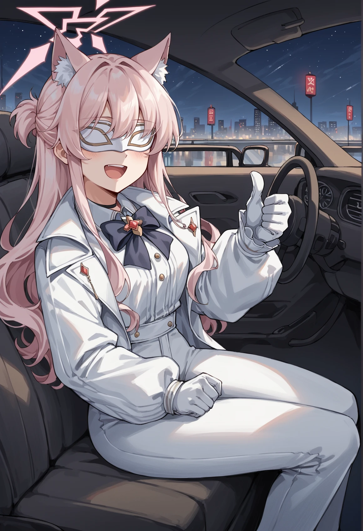 1girl, halo, long hair, Pink hair, eye mask, cat ears, cat tail, blouse, long sleeves, puffy sleeves, black bowtie, brooch, White pants, gloves, coat on shoulders, outdoors, sitting, driving, car, car interior, driving wheel, sports car, (red sports car, convertible), wind, open mouth, city, city lights, thumbs up, night, las vegas, looking at viewer,  <lora:Akira_BA:0.8>, score_9, score_8_up, score_7_up, score_6_up, score_5_up, score_4_up, BREAK source_anime, masterpiece