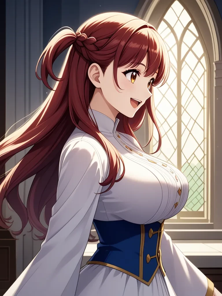 absurdres, beautiful and aesthetic, from side,,  
1girl, long hair, braid, one side up, masterpiece, best quality, absurdres, incredibly detailed, official artwork, happy, large breasts,,