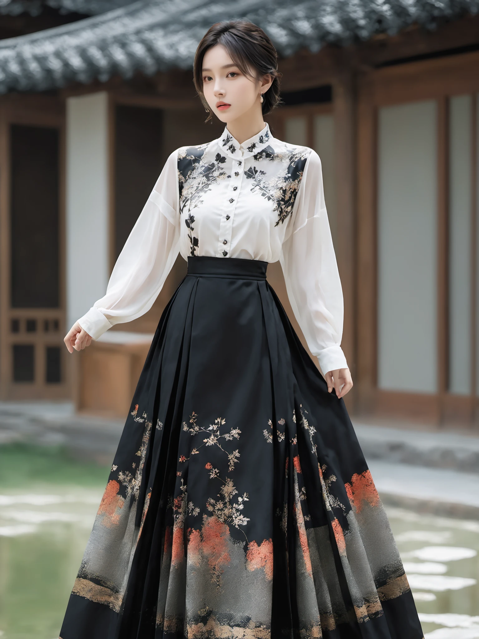 Realistic,Masterpiece,18 - year - old , Super High Resolution, (reality: 1.4) , 1girl, full body shot, Half skirt, shirt, black color, outdoor, realistic,hands,realistic,depth of field,  wearing majien long dress,<lora:Jay-MajienXL:0.9> ,patterned printed dress,, (best quality:1.3)