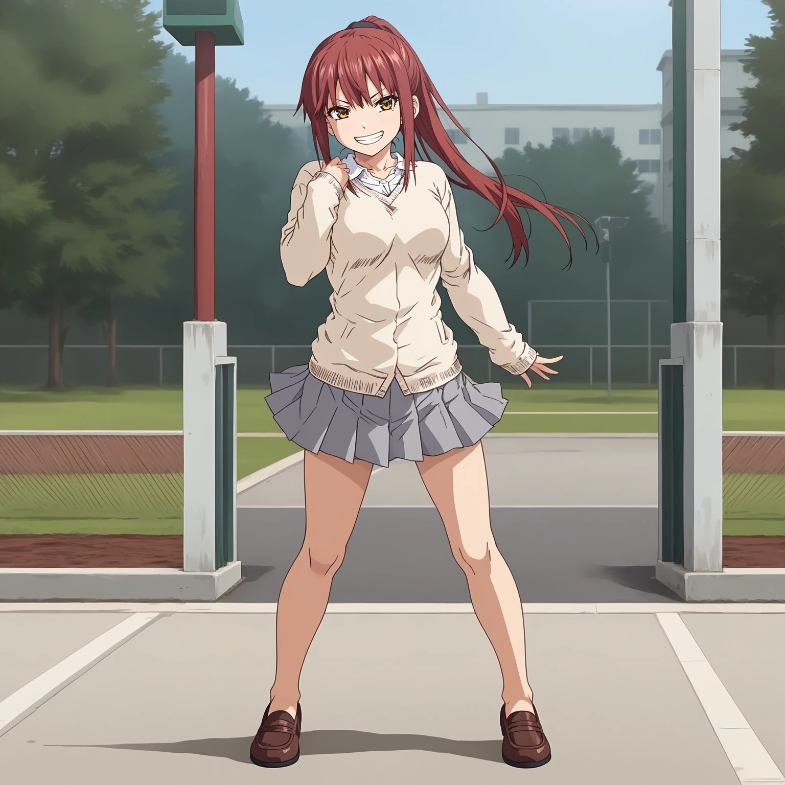 <lora:MichiyoHotoriXLpony001>,
grin,
solo,
MichiyoHotori,1girl,red hair,ponytail,yellow eyes,
school_uniform,sweater,white shirt,
pleated_skirt,gray skirt,
outdoors,
naked leg,full body,standing,