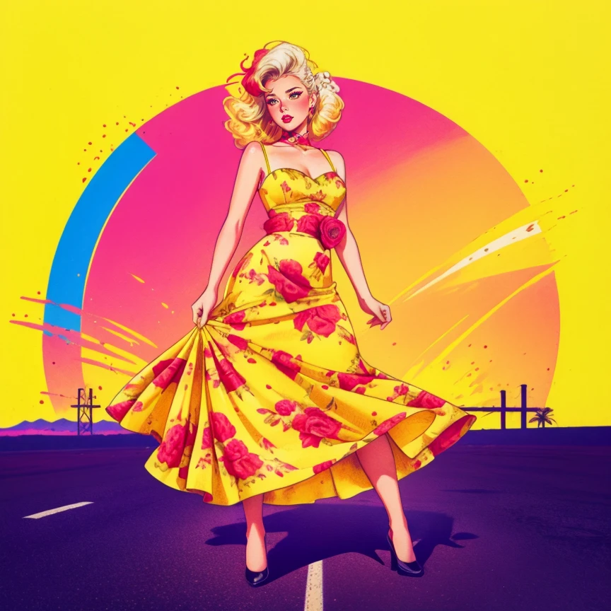 1girl, solo, white Romantic Updo with Loose Curls hair, makeup, lipstick, hud_dk_4, long yellow dress, pencil skirt, floral print, sleeveless, choker, high heels, <lora:hud_dk_4_SD15:0.6>, road, desert, sunset, shadow on face, hud_jem_boxart, colorful retro artstyle, colorful background, neon, <lora:Jem_80s_Cartoonbox_art_SD15:0.7>