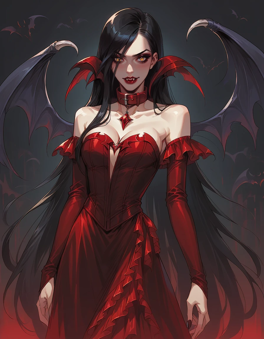 score_9, score_8_up, score_7_up, <lora:Safiria_-_Adventure_Quest-000003:0.7> aia_safiria_aq, straight hair, very long hair, black hair, side-swept hair, (bat wings:0.8), black wings, yellow eyes, detched sleeves, red strapless dress, (vampire collar:1.4), gothic, cleavage, red lipstick, ruby gemstone,