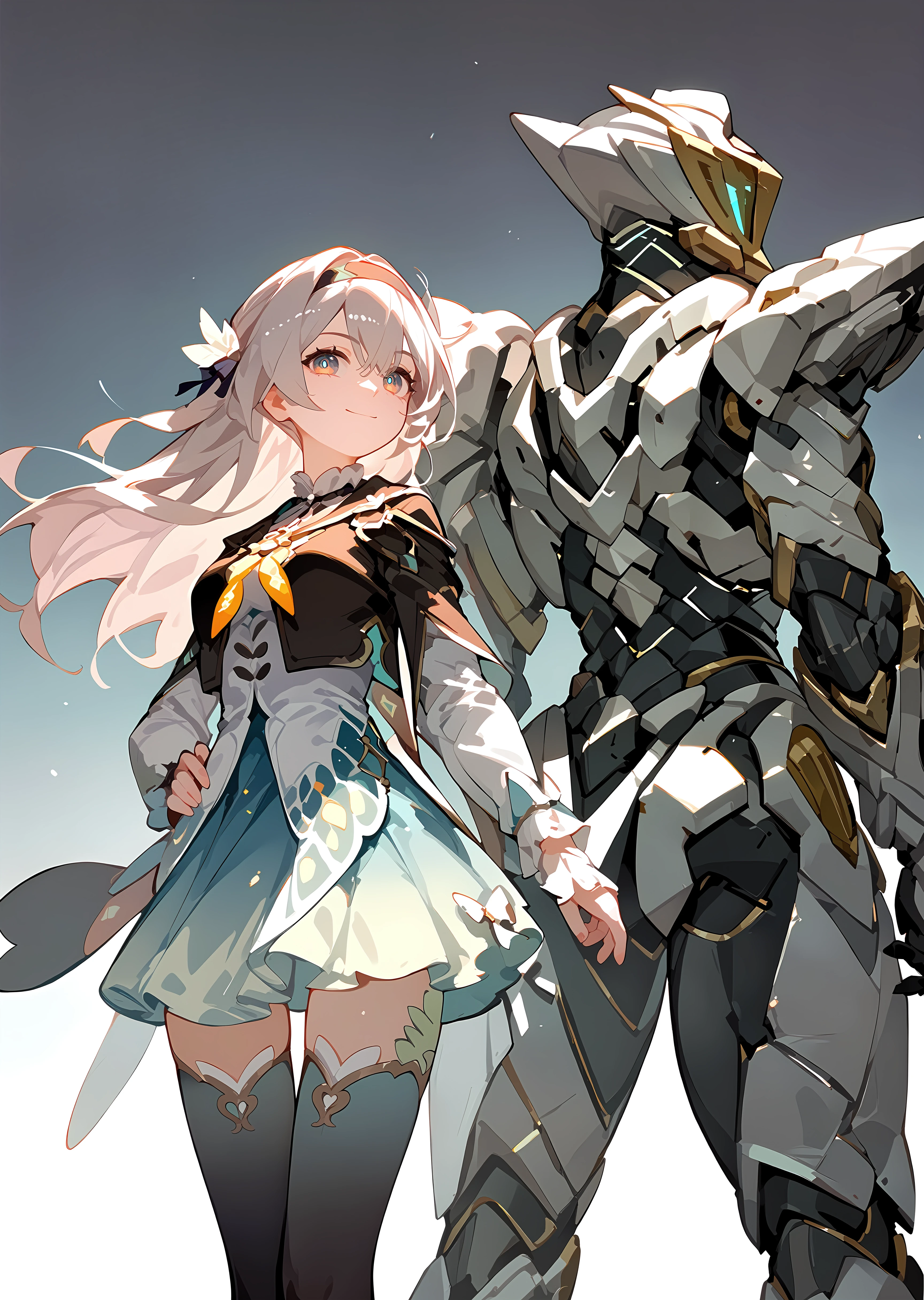 (score_9, score_8_up, score_7_up), simple background, two characters, standing back to back, crossover ADDCOMM
<lora:firefly-strPO-v2a-000008:0.9>, 1girl, fireflyhsr, hairband, gradient thighhighs, hand on own hip, smile, closed mouth, looking at viewer BREAK
1other, sam, mecha, armor, back