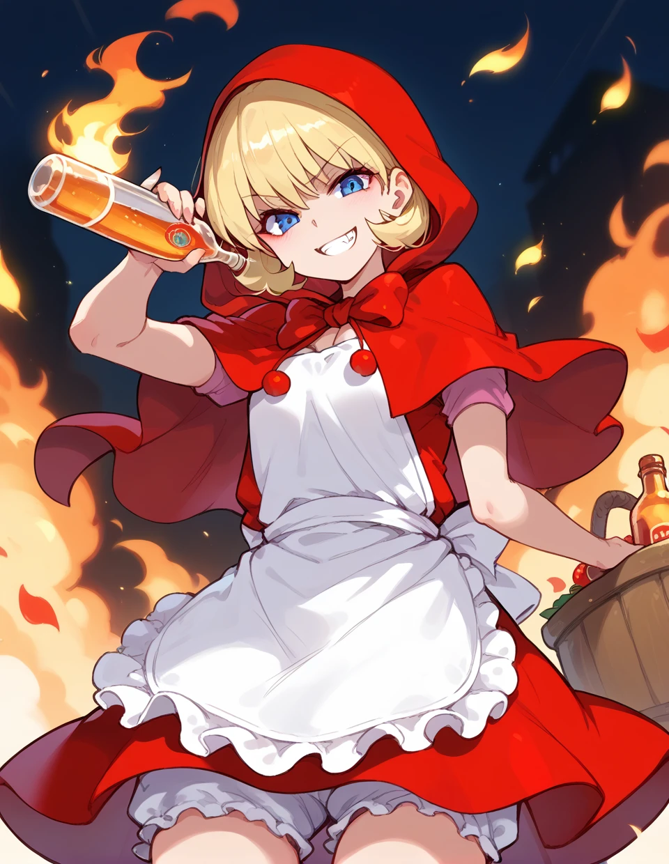 1girl,solo,<lora:bulleta_pony:1>,bulleta,blonde hair,blue eyes,
little red riding hood (grimm) (cosplay),red dress,red hood,red capelet,apron,bottle,evil smile,evil grin,looking at viewer,fang,
standing,fire,white bloomers,, score_9,score_8_up,score_7_up,score_6_up,score_5_up,score_4_up,