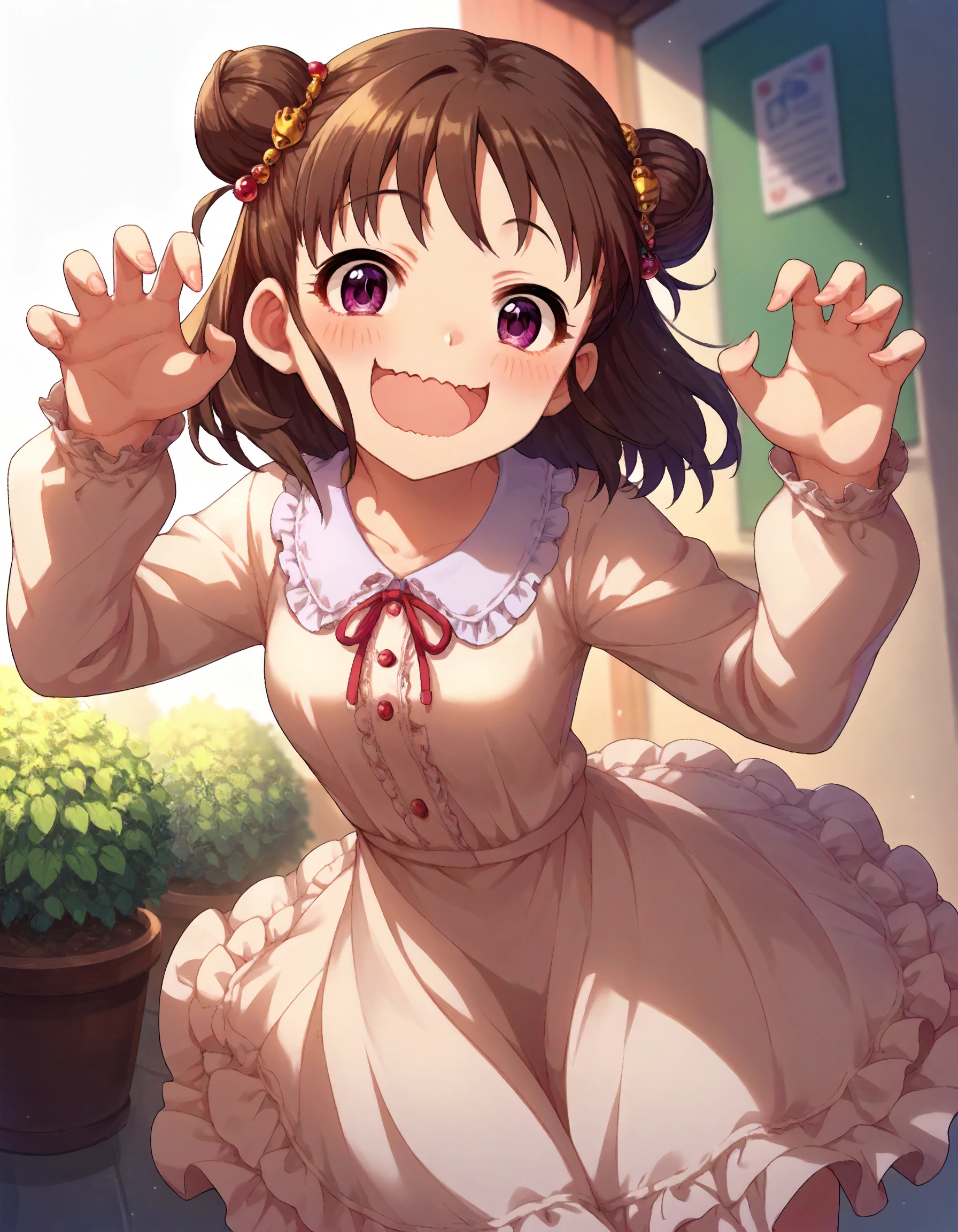 score_9, score_8_up,score_7_up,1girl,solo,cowboy shot,looking at viewer,smile,open mouth,wavy mouth,claw pose,
<lora:munakataatsumi_ponyXLV6:0.8>,cgmat,brown hair,short hair,double bun,hair ornament,purple eyes,dress