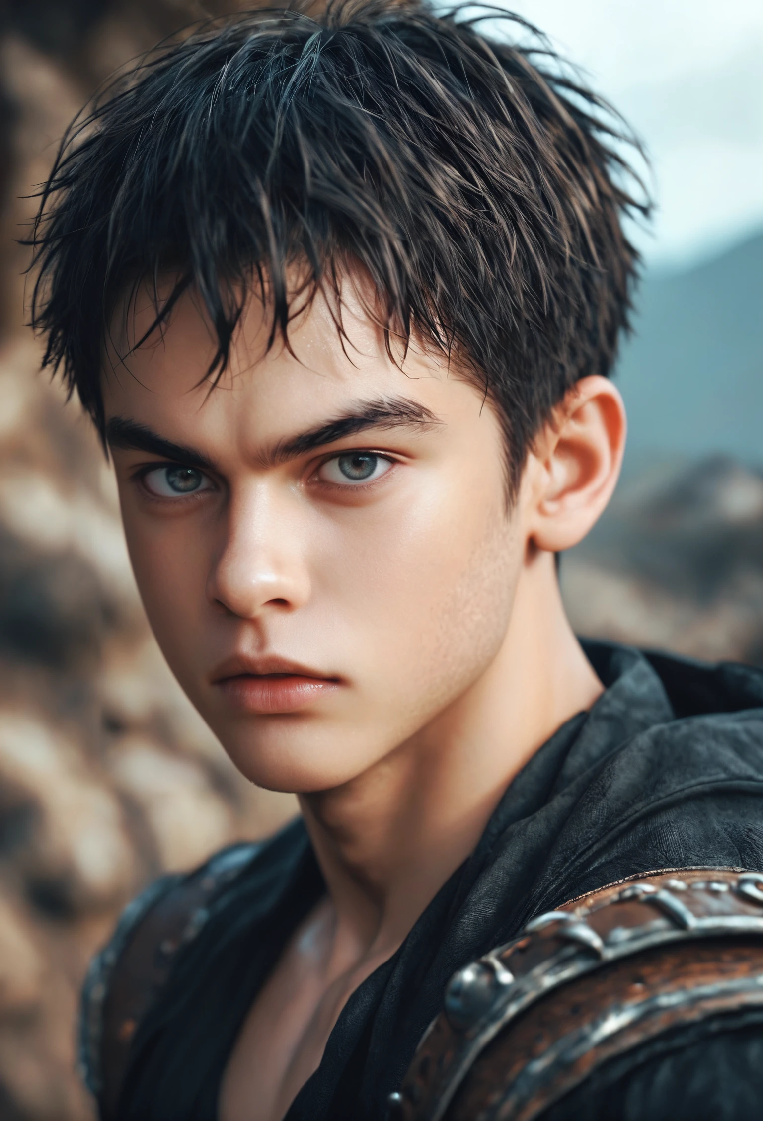 score_9, score_8_up, score_7_up, A highly detailed illustration of a young boy who has lost his parents. He has a fierce and determined expression, with a sense of defiance in his eyes. The atmosphere around him is dark and somber, reflecting his inner turmoil and resilience. The background is a desolate, barren landscape, emphasizing his loneliness and struggle.