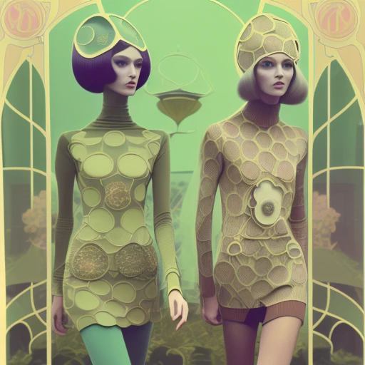 Fashion Spread of two High Fashion Models in Mod clothing, Art Nouveau, retrofutures,  influence, 1970s analog daydream, French Fashion Magazine, surreal, nostalgia