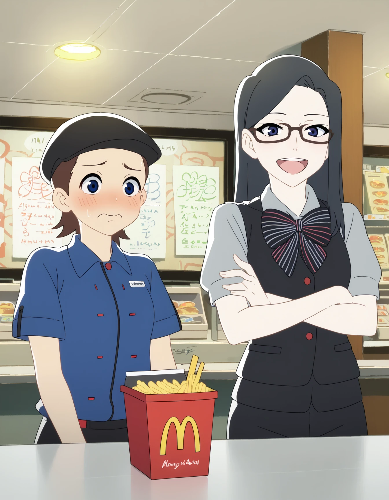 score_9,  score_8_up, score_7_up, source_anime, <lora:hibino-hoshino-ponyxl:0.8> 2girls, indoors, counter, mcdonald's, upper body
2girls, sumire, embarrassed, hat, blue shirt, polo shirt
2girls, hoshino, glasses, laughing, crossed arms, hat, vest, striped bow, short sleeves, pants