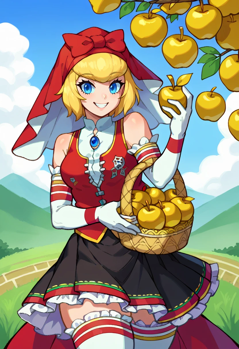 score_9, score_8_up, score_7_up, source_anime BREAK solo, 1girl, <lora:Idun-pdxl-DoRA_Fp:1>, idunnsmt, short hair, blonde hair, blue eyes, veil, red bow, red dress, vest, frilled skirt, white gloves, elbow gloves, white thighhighs, smile, bare shoulders, miniskirt, black skirt, outdoors, happy, basket, golden apple, picking fruit,