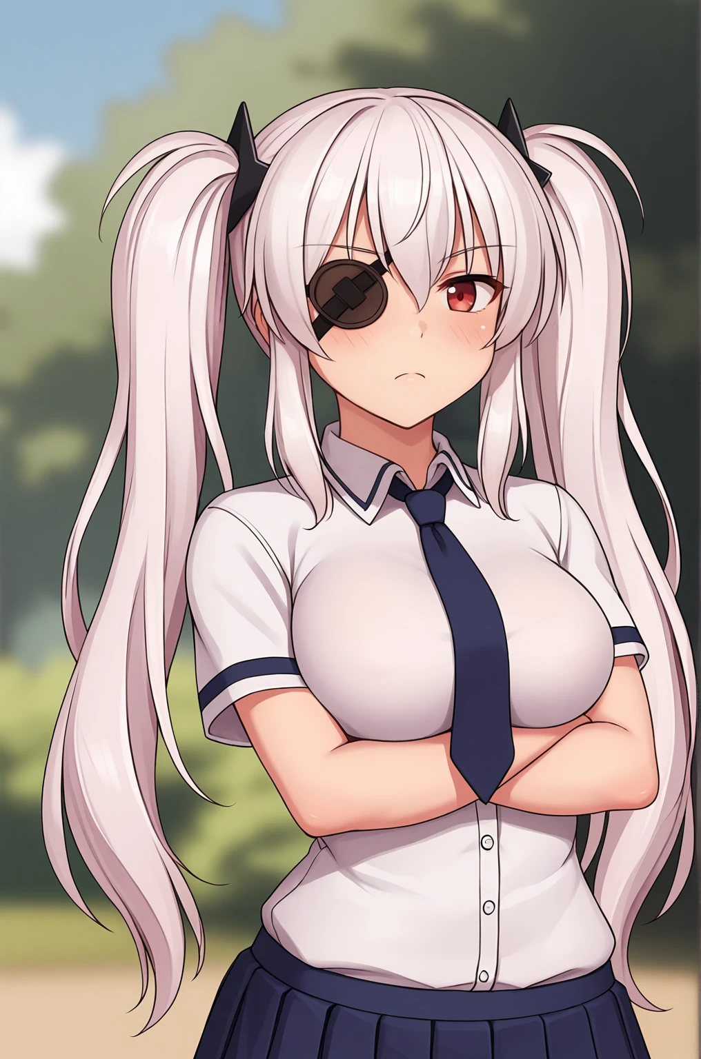 anime artwork, score_9, score_8_up, score_7_up, source_anime, BREAK, thick outline, fat outline,
Yagyu XL, red eye, eyepatch, white hair, long hair, twintails, shuriken hair clips, black hair clips, large breasts, BREAK, Yagyu_School, school uniform, blue necktie, white buttoned shirt, pleated skirt, BREAK, outdoors, crossed hands,
<lora:Yagyu_XL:0.7>
<lora:PersonalAmi_PonyXL:1>