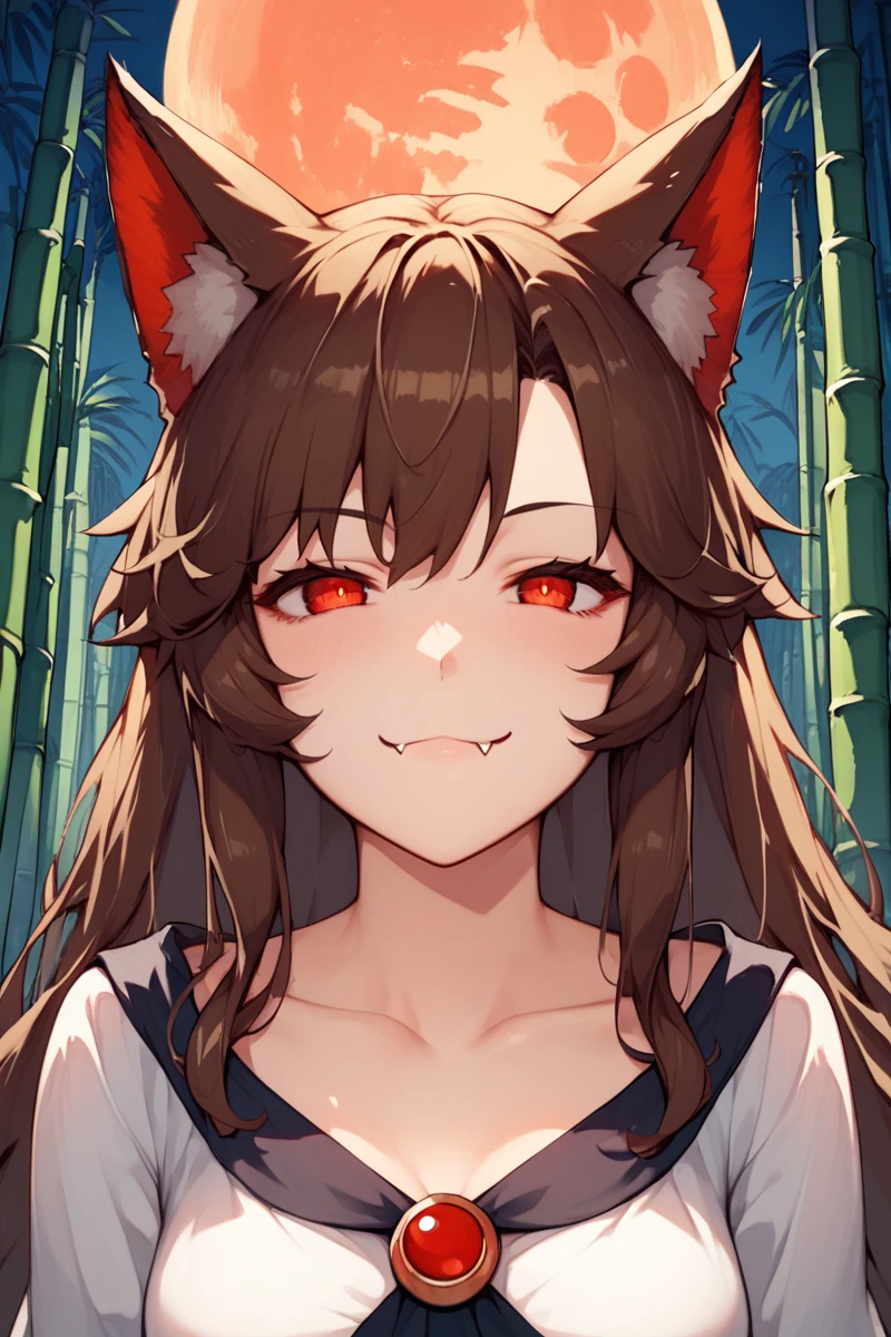 score_9, score_8_up, score_8, score_9, 1 girl,  source_anime, <lora:kagerou_pony-10:1> brown hair, long hair, wolf ears, animal ears, dress, white dress, fang,  red eyes, imaizumi kagerou, bamboo forest, bamboo, full moon, night, smug  <lora:vixon_detailed_style:0.8> d3t41l3d