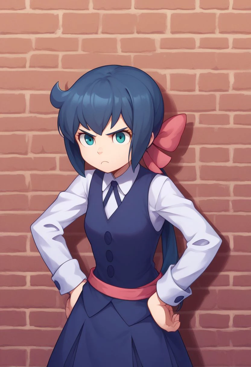 score_9, score_8_up, score_7_up, source_anime, highly detailed, 
constanze, 1girl, luna nova school uniform, solo, school uniform, hands on hips, hair bow, bow, blue hair, standing, skirt, shirt, ribbon, long hair, ponytail, upper body,
indoor, wall, bricks, cracks, wrench, frown,