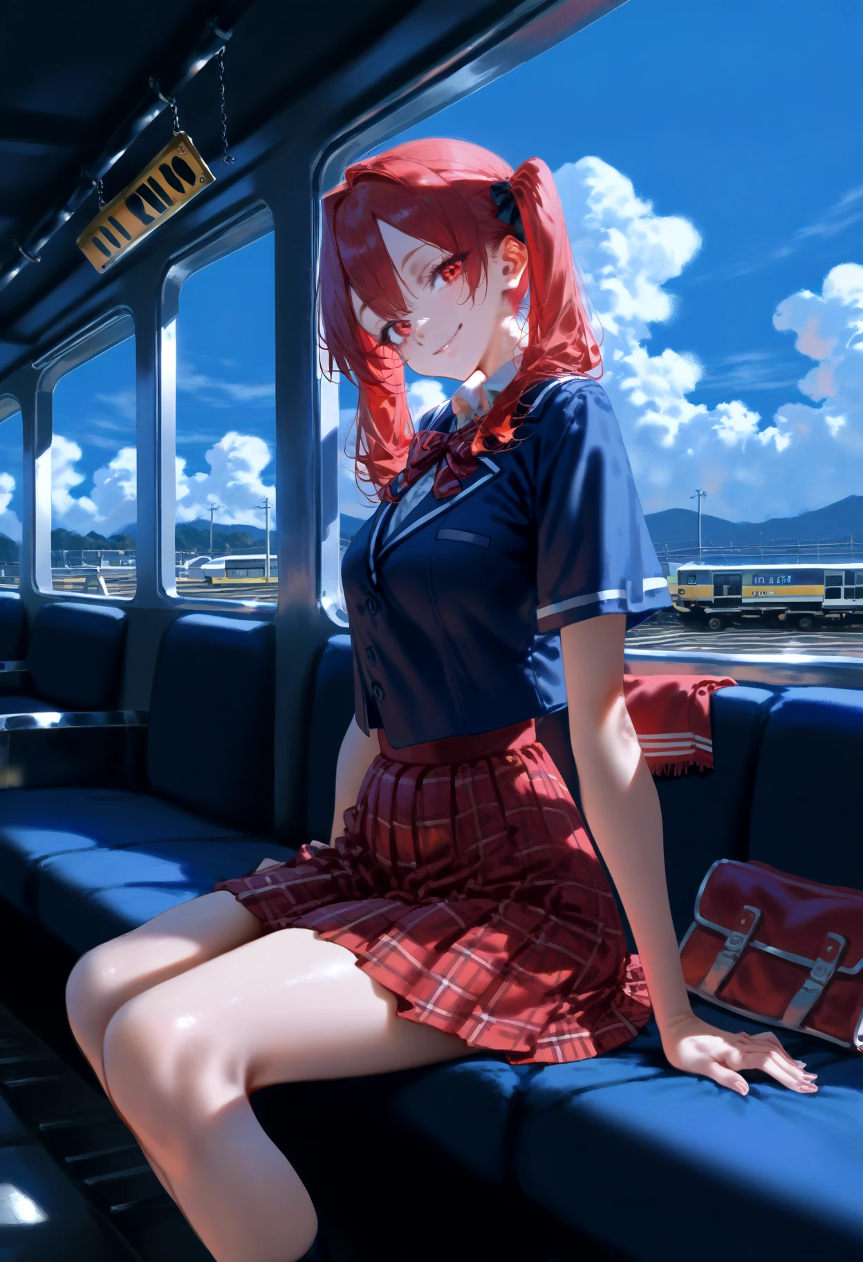 score_9, score_8_up, score_7_up, 1girl, from side, looking at viewer, red hair, red eyes, short twintails, straight hair, long hair, school uniform, light smile, medium breasts, sitting, train_station, cloud,