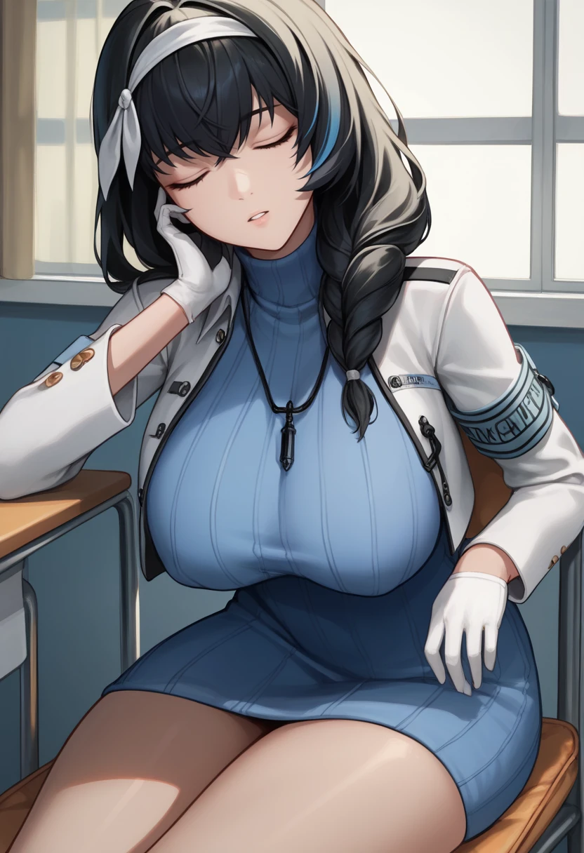 score_9, score_8_up, score_7_up, source_anime BREAK 1girl, solo, <lora:mary-nikke-richy-v1_pdxl:1> marydef, closed eyes, black hair, long hair, bangs, hair over shoulder, braid, streaked hair, blue hair, white hairband, blue sweater, turtleneck sweater, ribbed sweater, sweater dress, white jacket, long sleeves, crop jacket, armband, necklace, single glove, white gloves, large breasts, sitting, chair, indoors, hospital, sleeping, parted lips, covered nipples, head tilt, thighs, leaning forward