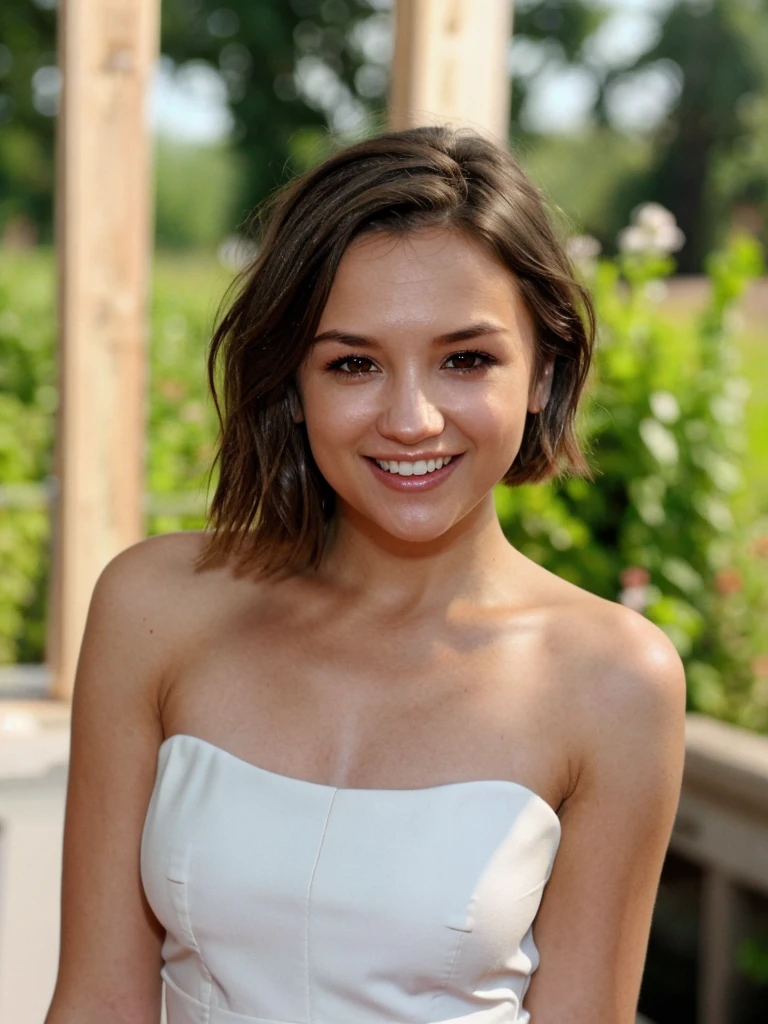 r4ch3llc, 1girl, solo, looking at viewer, smile, short hair, brown hair, dress, brown eyes, upper body, teeth, mole, grin, realistic<lora:r4ch3llc:1.0>