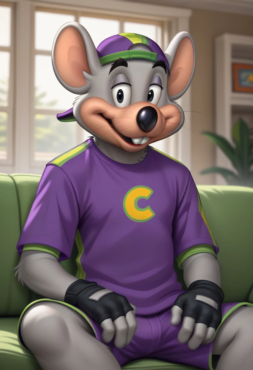 score_9, score_8_up, score_8,   <lora:Charles_Entertainment_Cheese_Avenger_Chuck_E._Cheese_for_PonyXL:0.8> furry, 1boy, chuck3chee3e, mouse boy, male focus, hat, solo, shirt, buck teeth, black eyes, backwards hat, shorts, fingerless gloves, purple shirt, sitting on couch, living room, window,