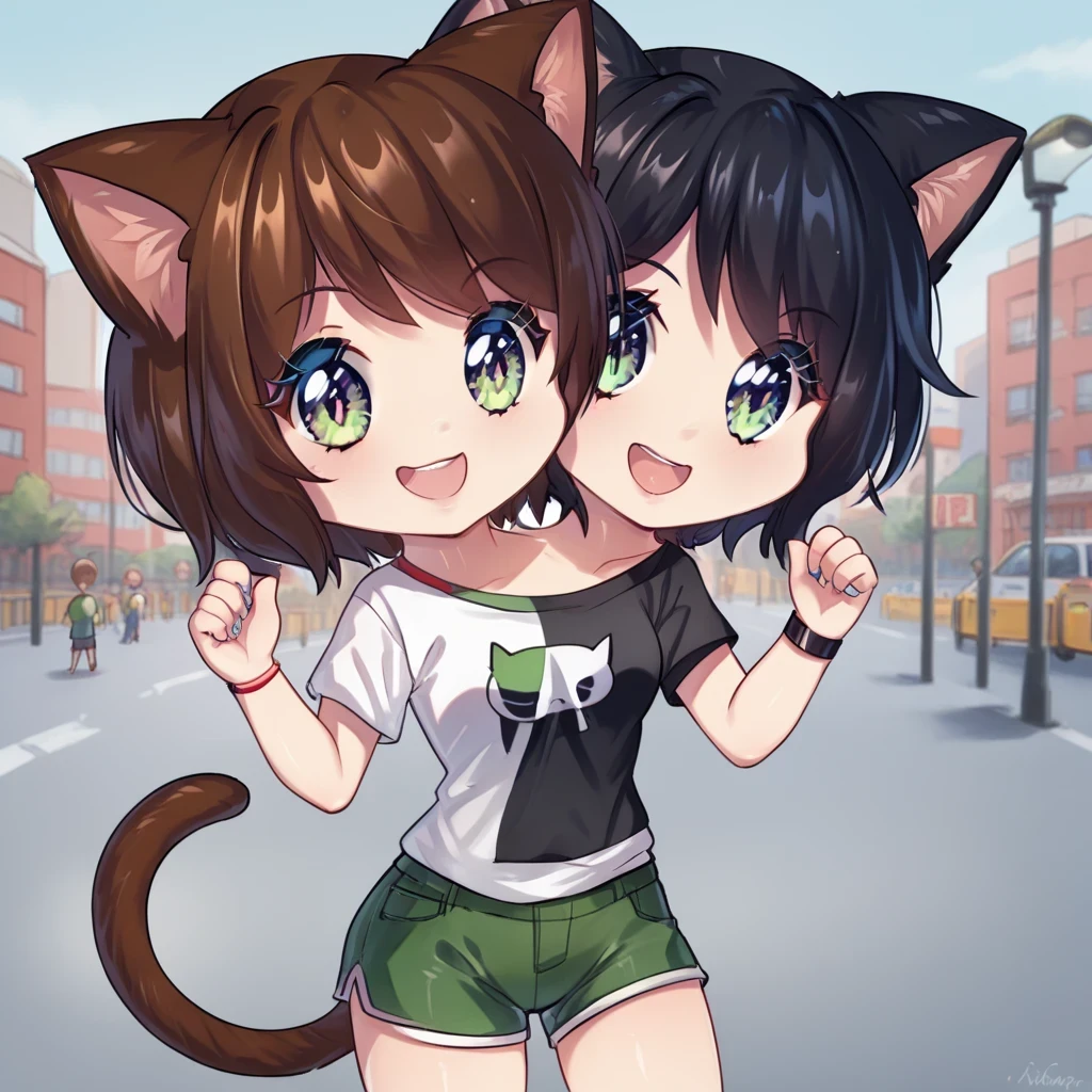 source_anime, score_9, score_8_up, BREAK two heads, conjoined, 1girl, chibi, cat ears, shirt, shorts, city background, smile