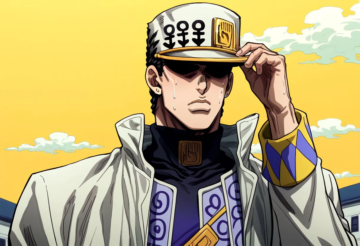 Jotaro Kujo, neutral expression, tired eyes, turtleneck, sigh, black hair, hat, jewelry, blue eyes, stud earrings, muscular, white coat, trench coat, multiple belts, anime style, JoJo, white pants, yellow sky, clouds, solo, 1boy, upper body, text, shaded eyes, anime style, obscured eyes, shadow over eyes, sweat drop, looking away from viewer, embarrassed, adjusting hat, adjusting headwear, pulling hat over eyes,