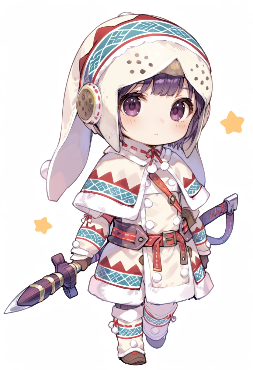 (score_9:0.9),score_8_up,score_7_up,rating_safe,anime style,(zPDXL),<lora:lagombi armor ponyXL v1:0.8>,lagombi armor,white hat,white gloves,white knee boots,1girl,solo,white background,looking at viewer,purple eyes,simple background,short hair,bangs,holding,weapon,standing,blush,full body,chibi,weapon on back,