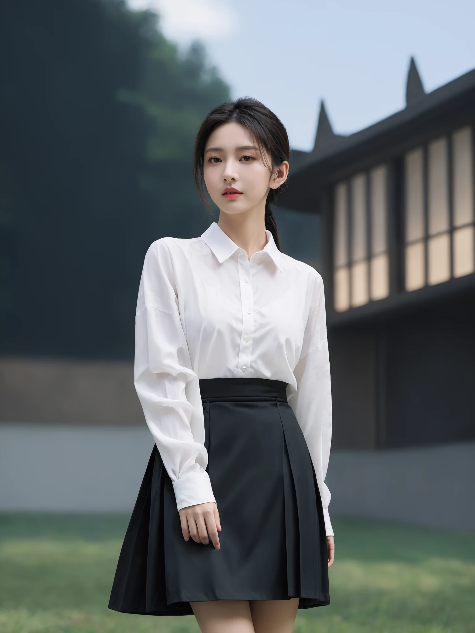 Realistic,Masterpiece,18 - year - old , Super High Resolution, (reality: 1.4) , 1girl, full body shot, Half skirt, shirt, black color, outdoor, realistic,hands,realistic,depth of field,  wearing majien <lora:Jay-MajienXL:1>, (best quality:1.3)