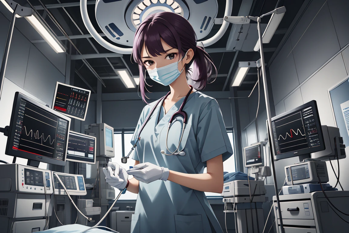 (RAW photo, best quality,facing the viewer,from front), operating room, overhead surgical light,blurred background, focused, dithering,backlighting,
 <lora:CM_Doctor_Emergency_Surgery_V2.0-000004:0.9> doctor emergency exam, 1girl, solo, surgical mask, intravenous drip, hospital bed, stethoscope, ceiling light, 
 <lora:kagura mikazuchi-lora-nochekaiser:0.7> kagura mikazuchi, purple hair, brown eyes,