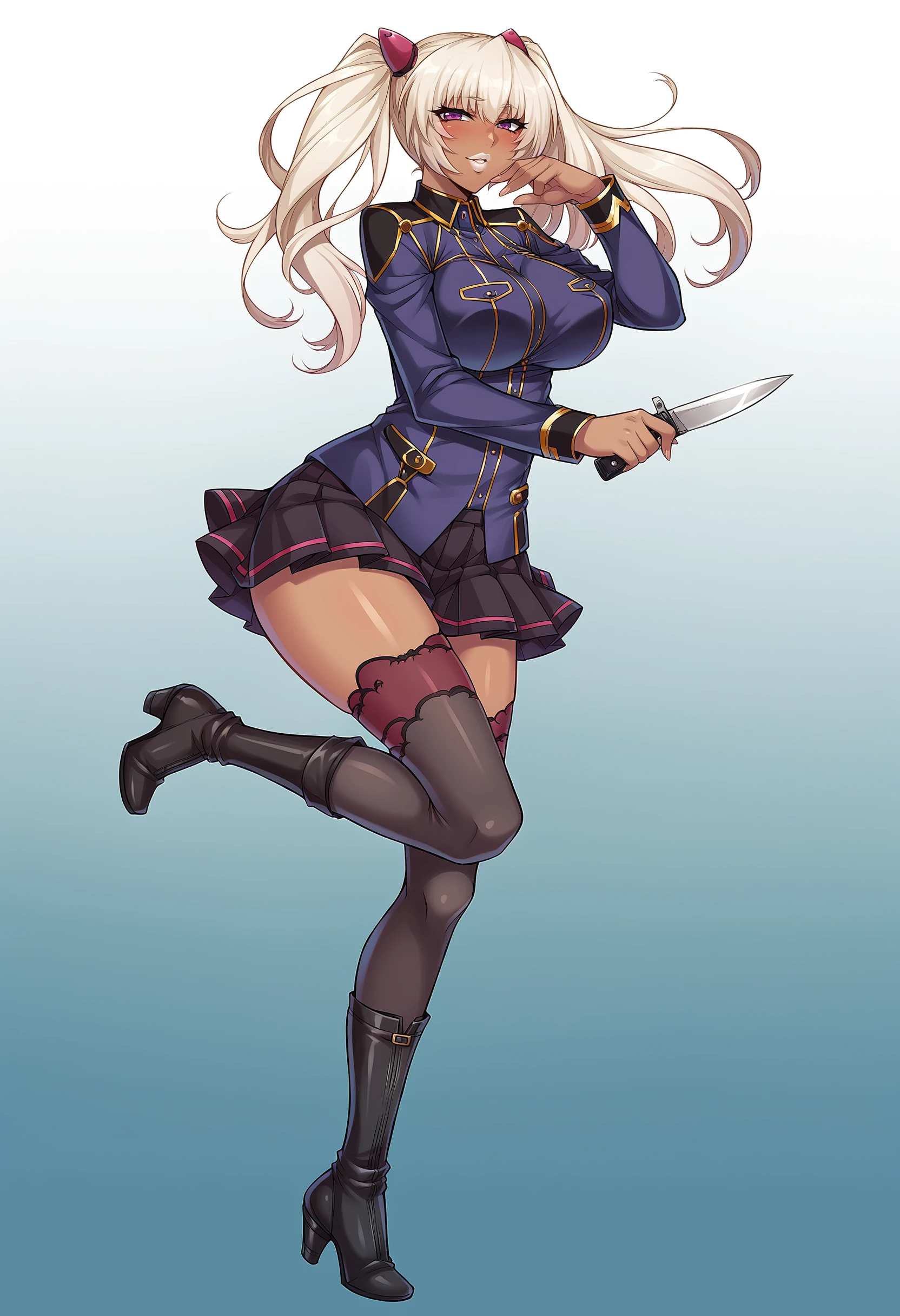 score_9, score_8_up, score_7_up, score_6_up, uncensored, BREAK,
kila kushan is standing on one leg, holding knife, combat knife, dynamic pose, full body, from side,
1girl, dark-skinned female, solo,
looking at viewer, blush, parted lips, happy,
twintails, long hair, purple eyes, thick lips, white lips,
military uniform, pleated skirt, lace-trimmed thighhighs, high heel boots, thigh holster,
curvy, large breasts,
simple background, gradient background,
<lora:Kila Kushan3216PDXL:1>